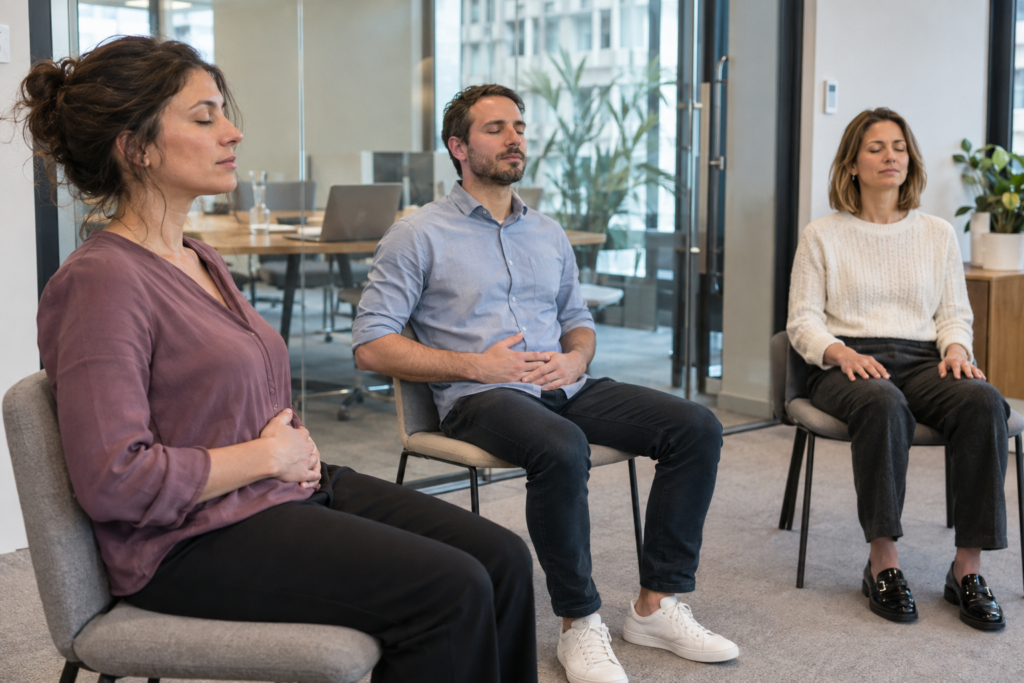 Illustration de collègues pratiquant un exercice de respiration en entreprise